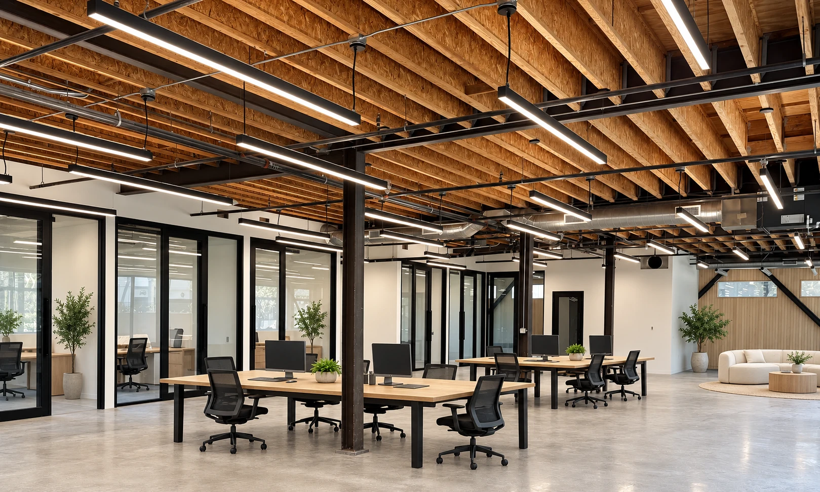 Spacious furnished creative studio with exposed timber and glass-fronted rooms at 1447 Cloverfield